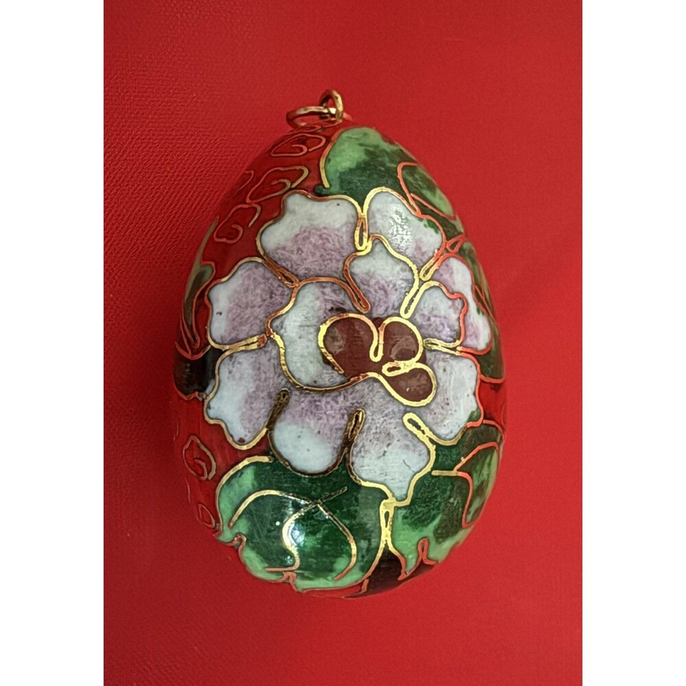 Vintage FLORAL CLOISONNÉ EGG PENDANT Chinese Multicolored Red Blue Gold tone